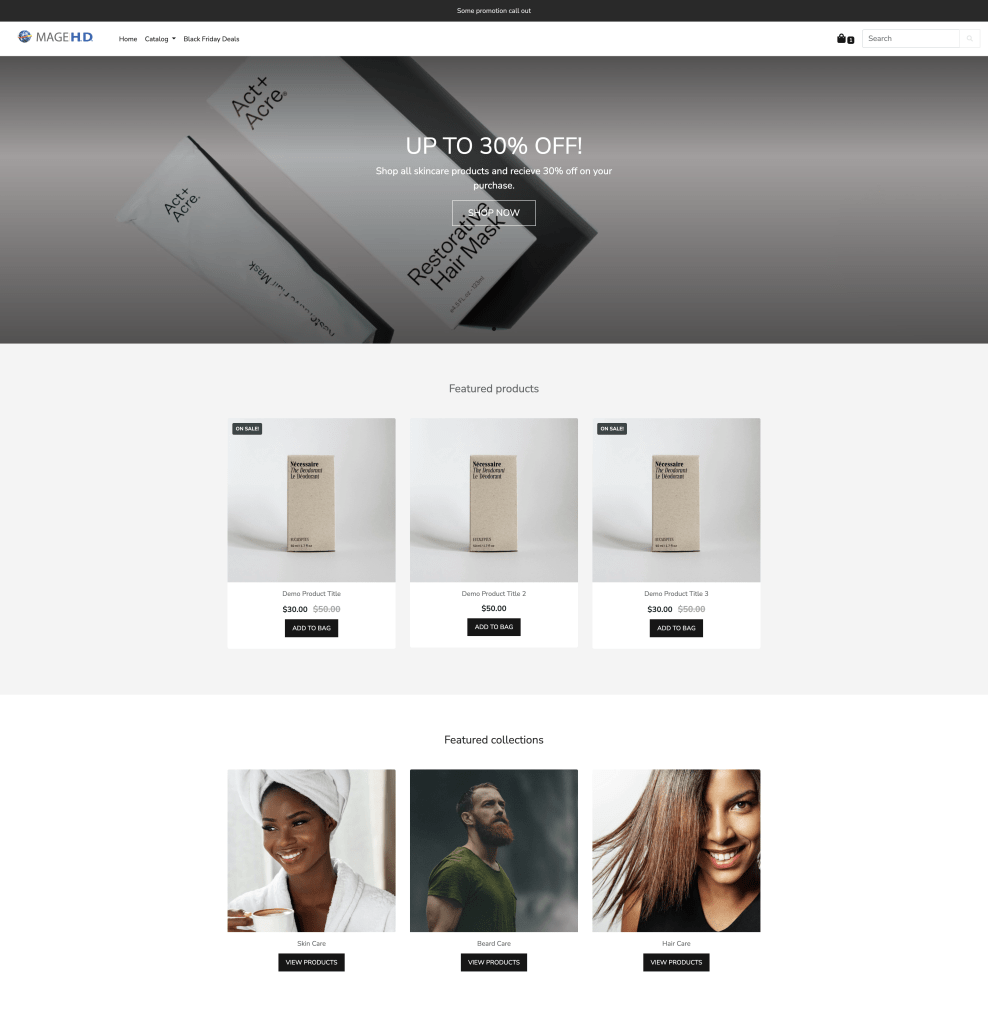 A screenshot of the Mage H.D. Clean Shopify Theme's home page